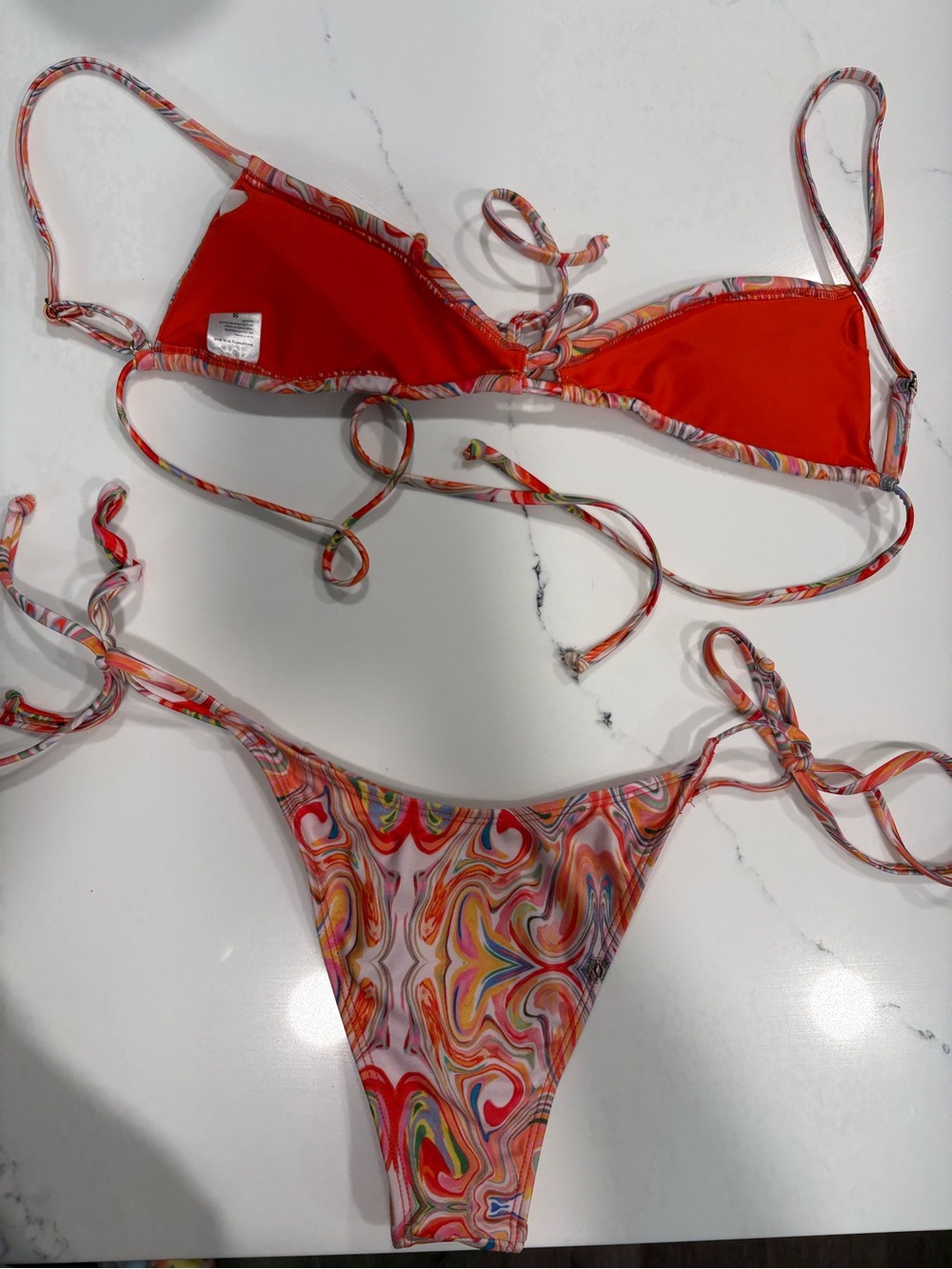 Strawberry Milk Mob Tie-String Bikini Set in Coral and Pink colorful swirl - Picture 3 of 3